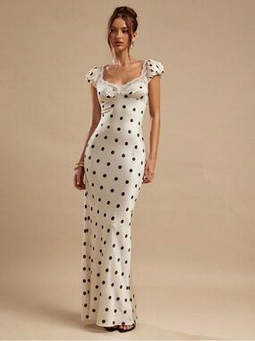 SHEIN Ivory Maxi Dress with Black Polka Dots and Lace Trim
